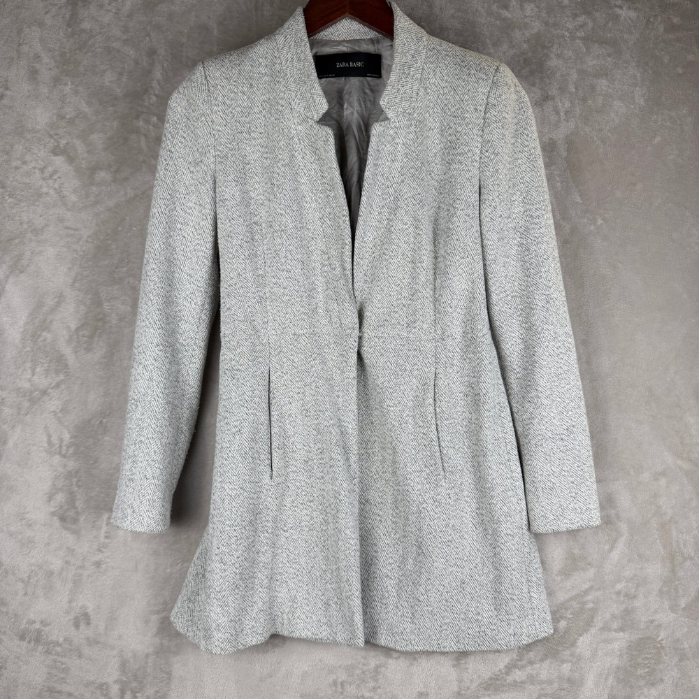 Zara Basic Womens Grey Herringbone Single Snap Tailored Mid-Length Coat Size S